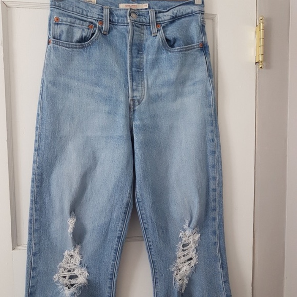 Levis Ribcage Highwaist Straight Distress Button Fly Denim Light Wash Sz 27 - Picture 2 of 12